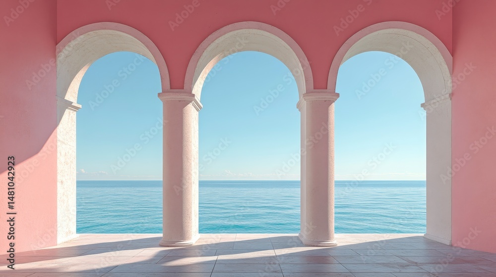 Aufkleber pink building with three arched windows overlooking a calm ocean.