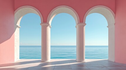 Fototapeta premium Pink building with three arched windows overlooking a calm ocean.