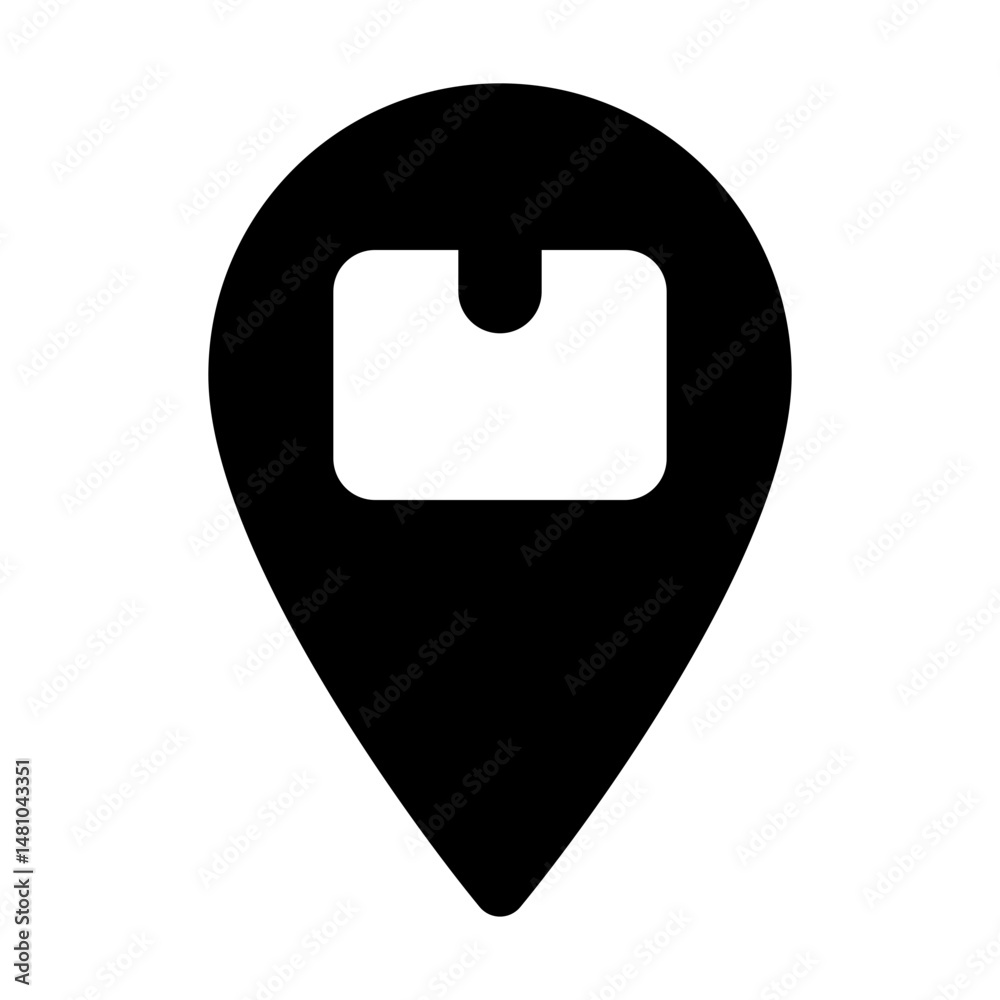 Poster black map pointer icon with a white rectangle cutout in the center on a white background showing loc