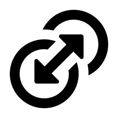 Black and white graphic featuring two overlapping circles with arrows pointing in opposite directions