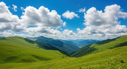 Green mountain range representing natural beauty and serenity with blue sky and clouds