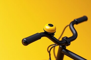 Handlebar of a black bicycle with a yellow bell for outdoor, cycling, transportation, urban, and lifestyle themed designs.