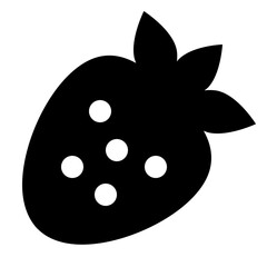 Illustration of a black strawberry with white seeds and green leaves isolated on a white background design element