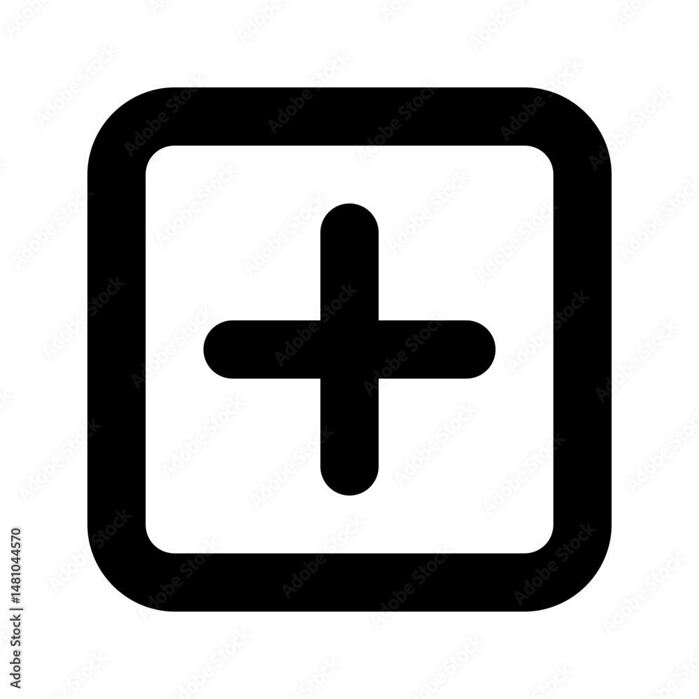 Poster black plus sign centered inside a rounded square shape with a white background in a simple vector st