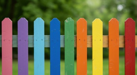 Colorful fence representing childhood joy and protection, with wooden pickets and green background