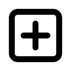 Black plus sign centered inside a rounded square shape with a white background in a simple vector style
