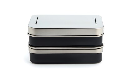 A sleek black and silver square stainless steel food container, isolated on white, showcasing its two stacked sections