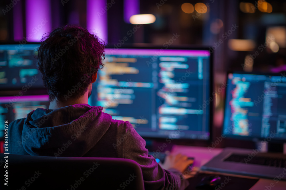 Poster back view of programmer working late at night, illuminated by purple monitor glow, focused on coding
