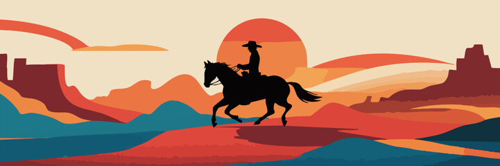 A simple vector illustration of a cowboy riding a horse in the sunset, with a mountains background