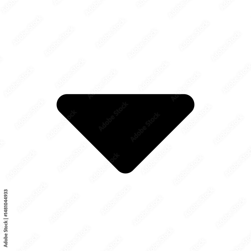 Poster a simple black downward pointing triangle with rounded corners on a plain white background image vie