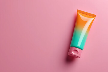 Brightly colored cosmetic cream tube against a soft pink background perfect for beauty marketing