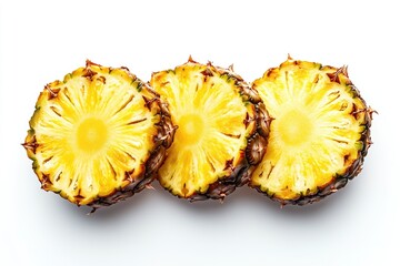 Three pineapple slices, arranged in a row, display vibrant yellow flesh and brown rind