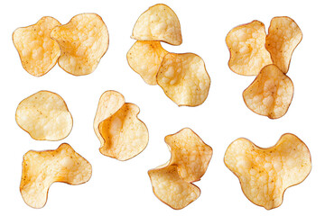 A Collection Of Eight Potato Chips Isolated On A Transparent Background The Chips Are Arranged In A Random Pattern And Have Different Shapes And Sizes