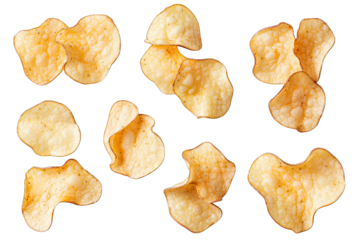 A Collection Of Eight Potato Chips Isolated On A Transparent Background The Chips Are Arranged In A Random Pattern And Have Different Shapes And Sizes