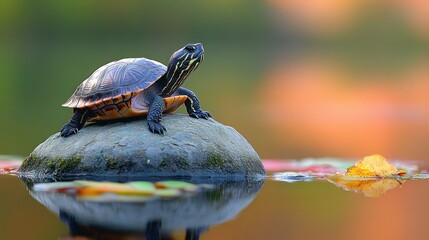 Fototapeta premium Turtle on rock in pond