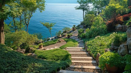 Serene coastal garden path steps leading to the sea lush greenery sunlight