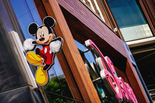 Walt Disney Store Shopfront, Mickey Mouse Signage, Sign, Logo, Oxford Street, Central London, England, United Kingdom, May 2025