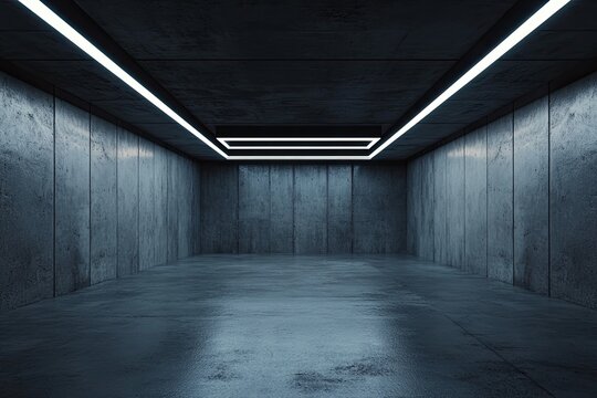 Empty concrete bunker, lit by neon