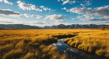 Golden meadow reflecting serenity and natural beauty, with stream and mountain backdrop