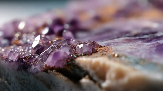 A close-up view of exquisite purple gemstones glimmering with light, showcasing their facets and natural beauty against a soft textured background.