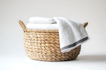 A sleek, simple laundry basket with a neatly folded towel, set on a pristine white background, ideal for home organization or styling