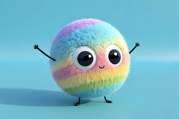 Fototapeta premium Adorable colorful furball cartoon character with big eyes arms and legs on a blue background