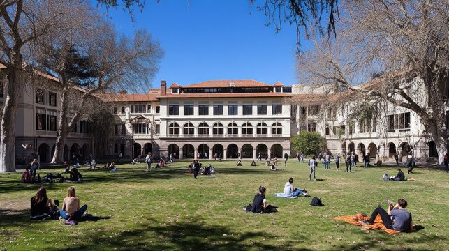 Students relaxing on a sunny college campus quad