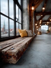 Cozy rustic loft interior with large industrial windows, wooden beams, and decorative pillows on a wooden bench