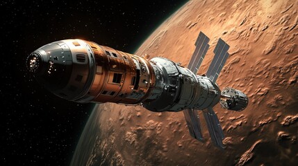 Spacecraft in orbit around a reddish planet.