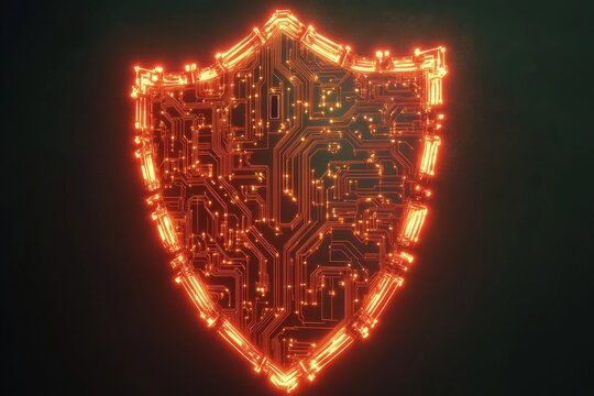Futuristic ai security shield with circuit board patterns for cyber protection design
