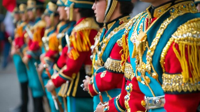 Line of soldiers in ornate red and blue royal guard uniforms with gold detail.