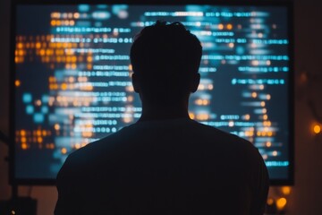 Software developer programming code at night on computer screen