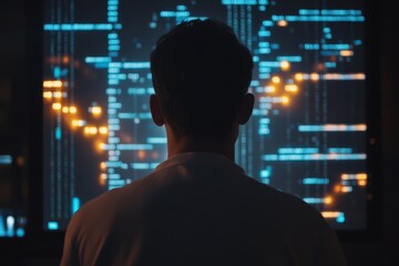 Developer analyzing data on display screen for software creation and innovation