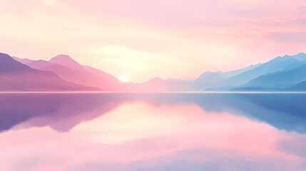 Fototapeta premium Breathtaking panorama of a tranquil lake mirrors distant mountains under a soft pastel sunset sky. [Mirrored Realms] | Twin River | double stream. Illustration