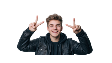 Young Man in Leather Jacket Showing Peace Sign with Happy Expression