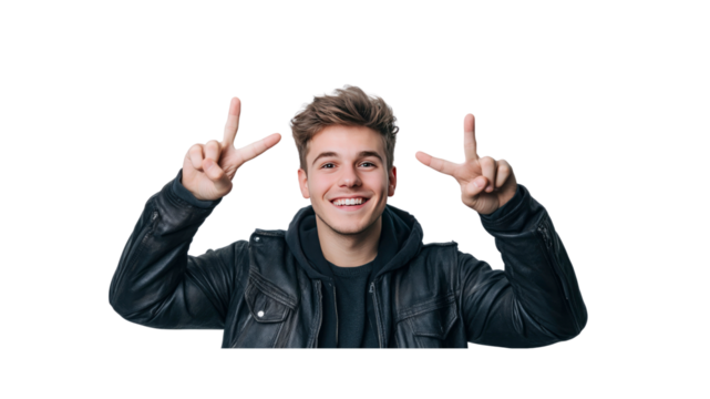 Young Man in Leather Jacket Showing Peace Sign with Happy Expression