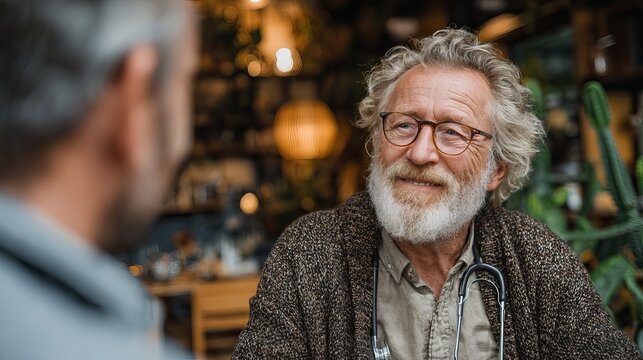 Smiling Senior Doctor Friendly Conversation Healthcare Professional Mature Man Elderly Person Gentle Caregiver Experienced Physician Medical Advice   