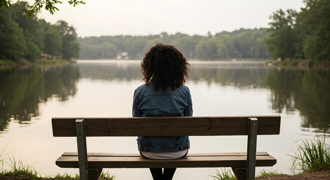 A woman sitting alone on a wooden bench beside a quiet lake, reflecting trees and a pale sky, with soft wind gently blowing her hair.