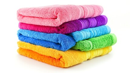 A stack of colorful towels, isolated on a bright white background, perfect for bathroom or spa decor themes