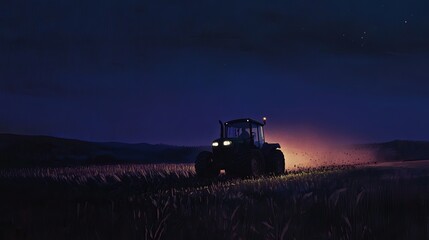 Fototapeta premium Nighttime Tractor Field Work Rural Landscape Dark Sky Agriculture Farming Scene Peaceful Serene Tranquil Nighttime Farmland Scenery Starry Night 