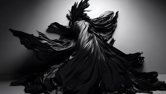 Dramatic black fabric draped in a dynamic pose.