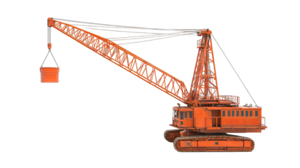 A Red Crawler Crane With A Bucket Is Isolated On A Transparent Background The Crane Is A Construction Vehicle Used For Lifting And Moving Heavy Objects It Has A Long Boom And A Rotating Cab The Crane