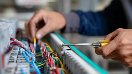 An electrician carefully connects wires in an electrical panel, emphasizing the skill and attention to detail required in this technical profession for safe installations.
