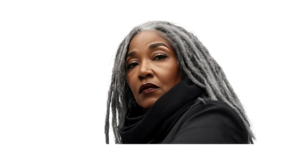 Confident Mature Woman with Gray Dreadlocks, Intense Gaze