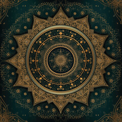 Fototapeta premium Intricate symmetrical design, golden details against teal background. Geometric patterns radiate outward