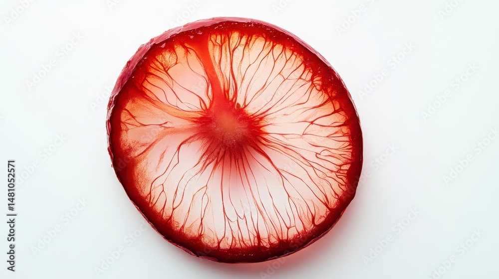Poster cross-section of a vibrant red mushroom, showcasing intricate internal structure and veins.