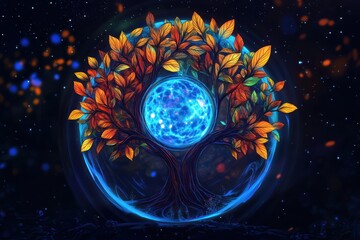 Mystical tree of life within a glowing sphere, autumnal leaves, vibrant colors, dark background