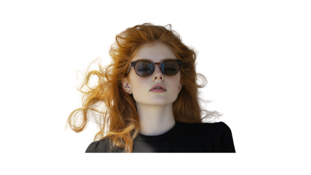 Serene Redhead Woman in Sunglasses Against Transparent Background