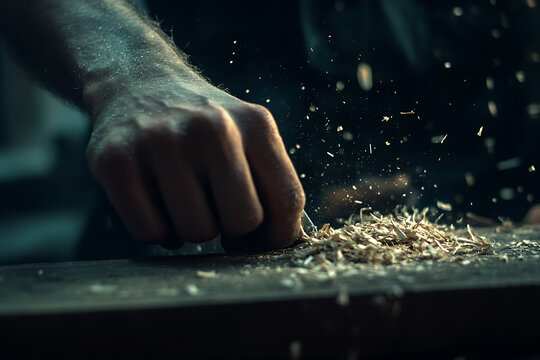 Carpenter's Hand Shaping Wood with Sawdust Flying
