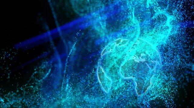 Animated illustration showing glowing globe forming data flow with swirling teal particle streams